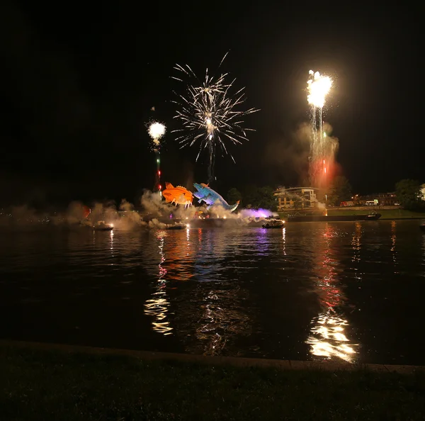 Yearly Great Dragons Parade connected with the fireworks display, taking place on the river Vistula at Wawel. Cracow , Poland