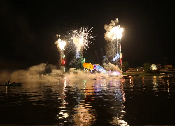 Yearly Great Dragons Parade connected with the fireworks display, taking place on the river Vistula at Wawel. Cracow , Poland