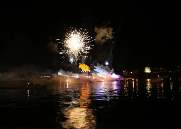 Yearly Great Dragons Parade connected with the fireworks display, taking place on the river Vistula at Wawel. Cracow , Poland