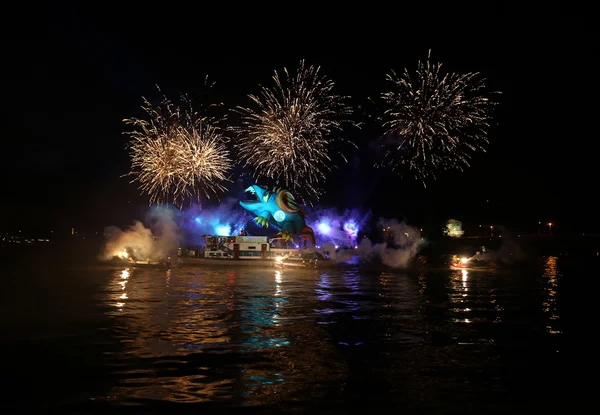 Yearly Great Dragons Parade connected with the fireworks display, taking place on the river Vistula at Wawel. Cracow , Poland