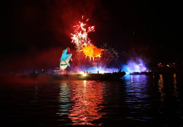 Yearly Great Dragons Parade connected with the fireworks display, taking place on the river Vistula at Wawel. Cracow , Poland