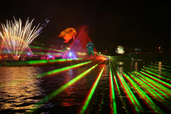 Yearly Great Dragons Parade connected with the fireworks display, taking place on the river Vistula at Wawel. Cracow , Poland