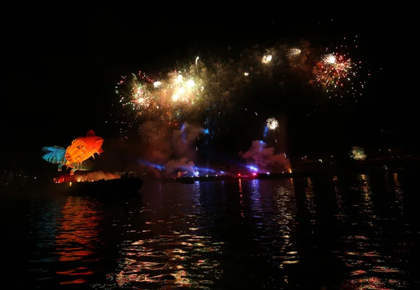 Yearly Great Dragons Parade connected with the fireworks display, taking place on the river Vistula at Wawel. Cracow , Poland