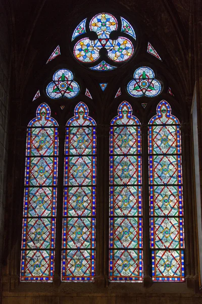 Stained glass windows inside the Notre Dame Cathedral, UNESCO World Heritage Site. Paris