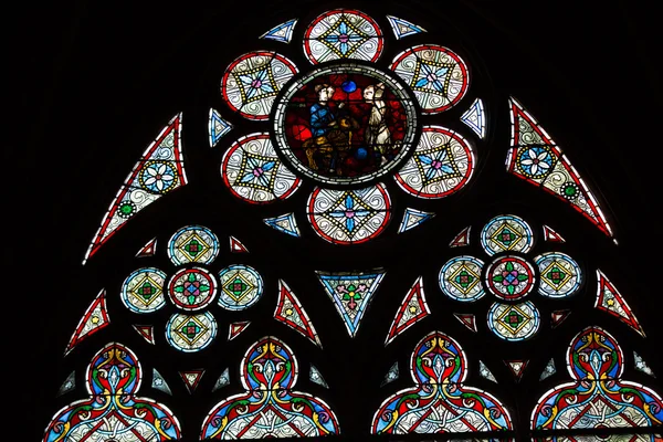 Stained glass windows inside the treasury of Notre Dame Cathedral, UNESCO World Heritage Site. Paris, France