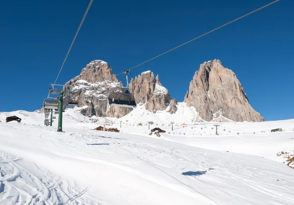 Skiing area in the Dolomites Alps. Overlooking the Sella group  in Val Gardena. Italy