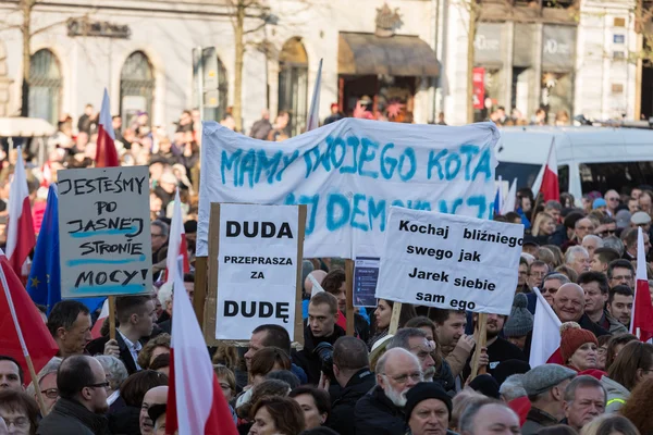 Cracow, Main Square -  The demonstration of the Committee of the Defence Protection of the Democracy against the break of law through the government PIS in Poland.