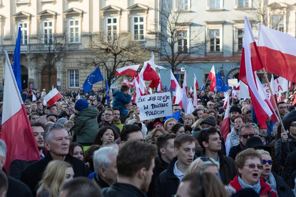 Cracow, Main Square -  The demonstration of the Committee of the Defence Protection of the Democracy against the break of law through the government PIS in Poland.