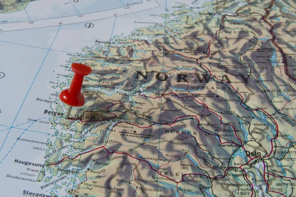 Bergen Marked with Red Pushpin on Norway Map