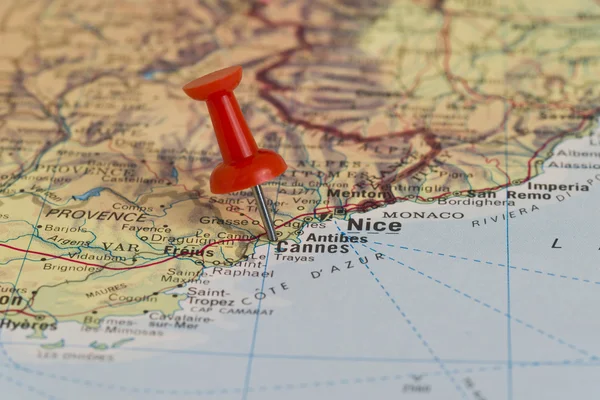 Cannes Marked With Red Pushpin on Map