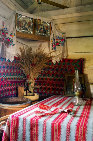 Ukrainian historical peasant dwelling interior with various home