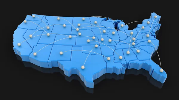 Map of USA with flight paths. Image with clipping path.