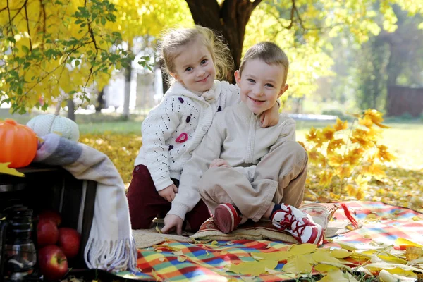 Brother and sister sitting under autumn tree
