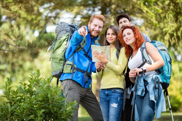 Cheerful hiking group shows with finger destination