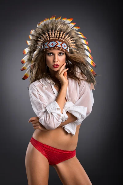 Woman in costume of American Indian