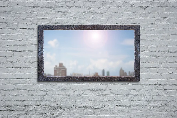 Wooden board with sunny sky cityscape view on brick wall