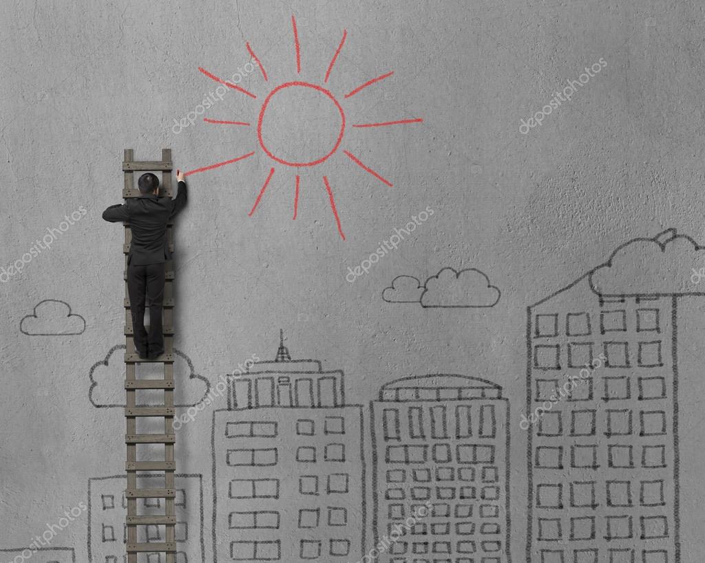 Uomo daffari disegno sole rosso sul muro di cemento — foto stock ... Disegno Scala Parete