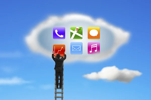 Climbing businessman getting app icons from cloud with nature sk