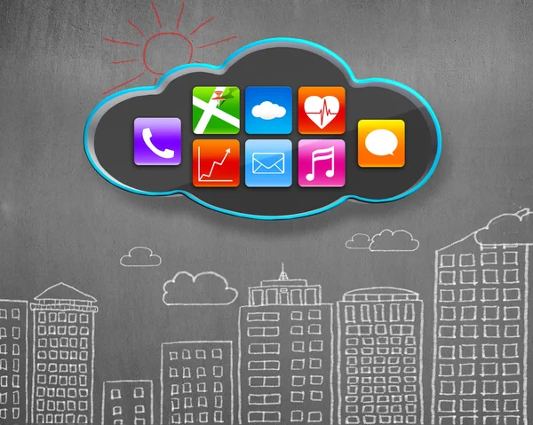 App icons on black cloud with buildings doodles concrete wall
