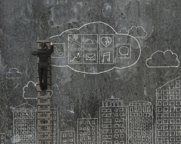 Man climbing and drawing cloud app icons doodles