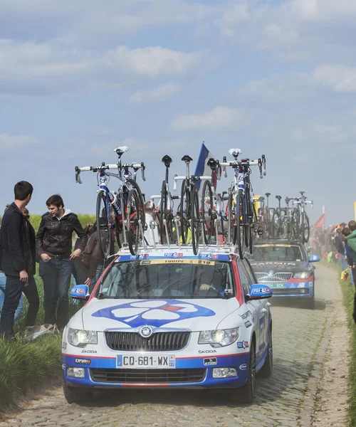 The Car of FDJ.fr Team on the Roads of Paris Roubaix Cycling Rac