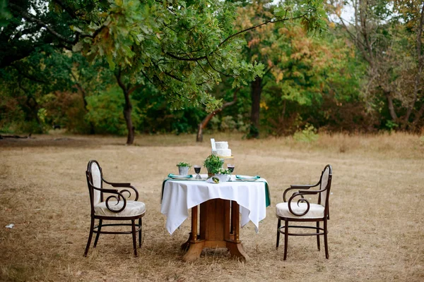Decorated table for two with floral composition on a background of park