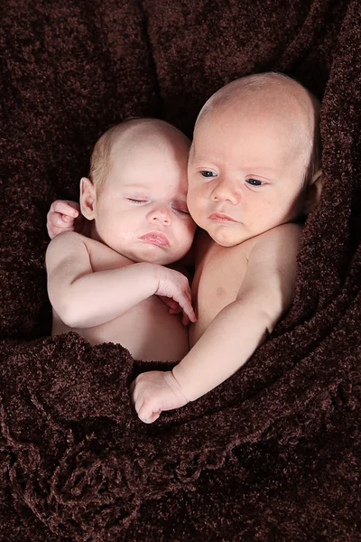 Newborn brother and Sister lying on brown blanket