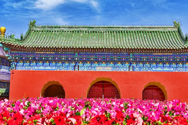 Famous Pagoda Temple near of Heaven in Beijing with flowers lawn