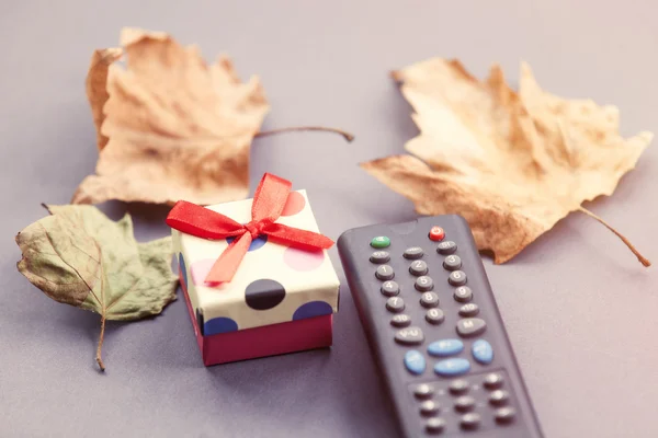 TV remote control and autumn leaves