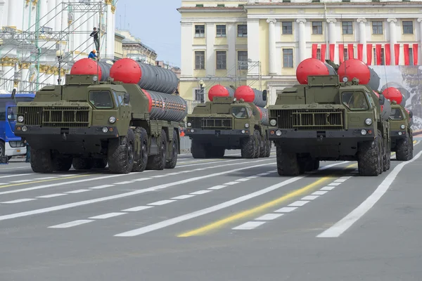 Column rocket launchers S-300PM on parade rehearsal in honor of the Victory Day. St. Petersburg