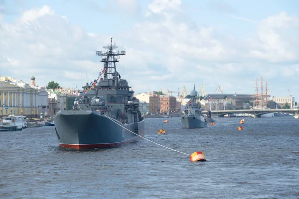 The ships of the Baltic red banner fleet in the waters of the Neva river on Navy Day celebration. Saint Petersburg