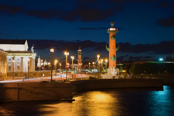 Arrow of Vasilevsky island in the night light summer night. St. Petersburg