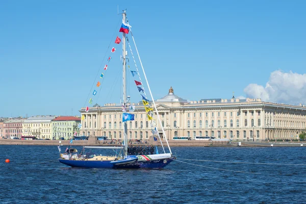 Yacht Central Army Sports Club of the Ministry of Defence of Russia in celebration of Navy Day in the Neva river. Saint Petersburg