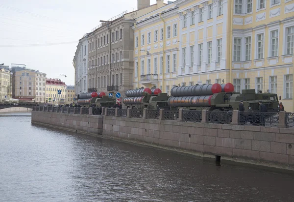 A convoy of rocket launchers on the embankment of the Moika river before the rehearsal of parade in honor of Victory Day in St. Petersburg