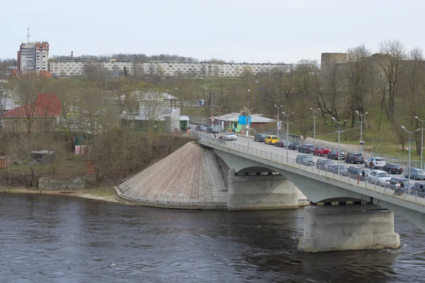 View of the border crossing points and the bridge over the river Narva. Ivangorod