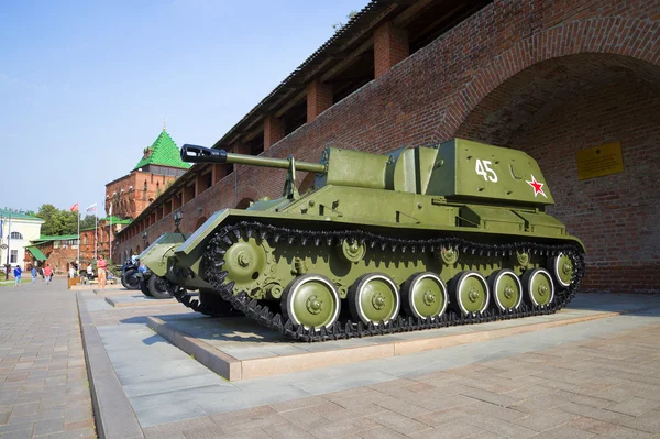 Self-propelled gun SU-76 in the exposition of military equipment in the Kremlin in Nizhny Novgorod