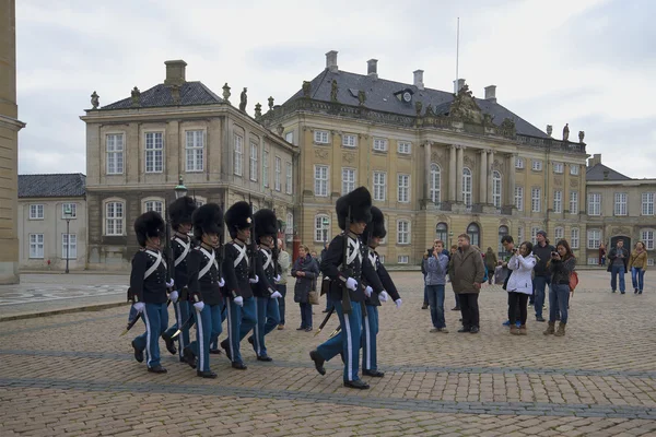 Honor guard National Guard marching on the square near the Amalienborg Palace. Copenhagen