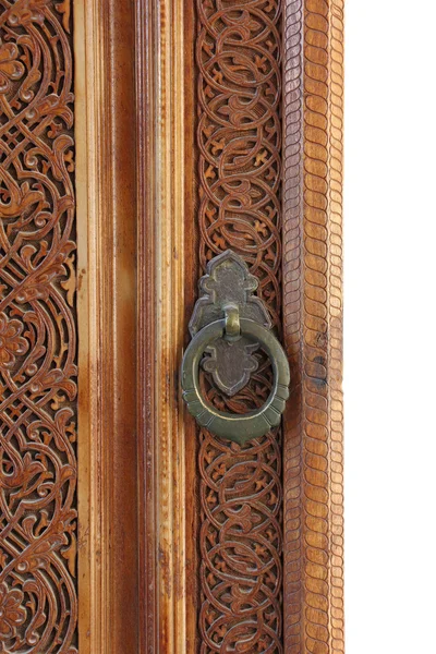 Part of the old wooden door with round door handle