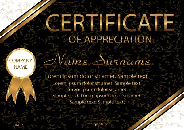 Certificate of appreciation, diploma. Elegant black template with gold and white areas.