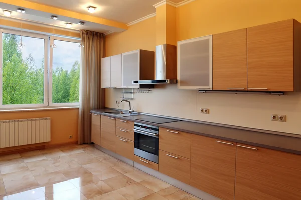 Luxury kitchen interior with orange walls.