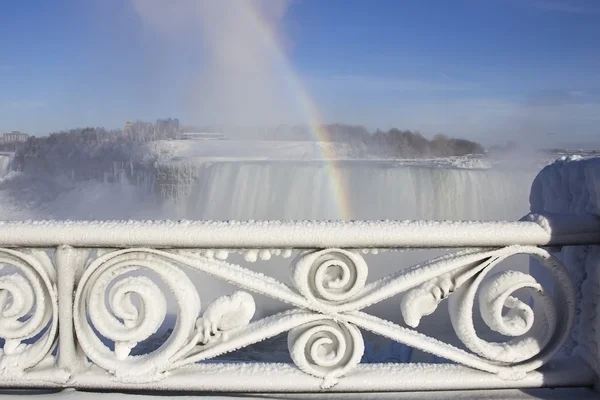 Decorative iron fence covered by thick layer of frozen mist. Niagara Falls on background.