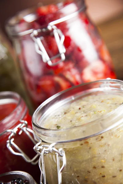 Homemade fruit jam in the glass jars