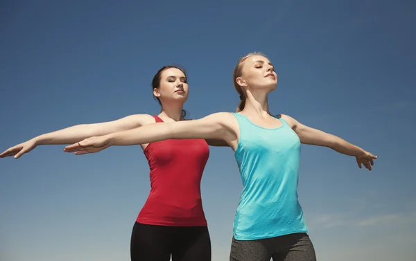Two women doing yoga outdoorson blue sky background posing