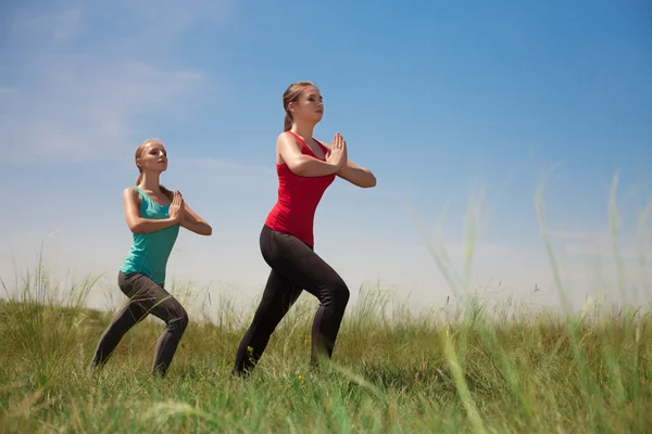 Two women doing yoga outdoors on blue sky background posing on g