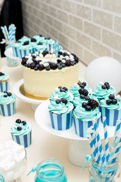 Turquoise candy bar zone with a cake and a beautifully decorated cupcakes at a children\'s party