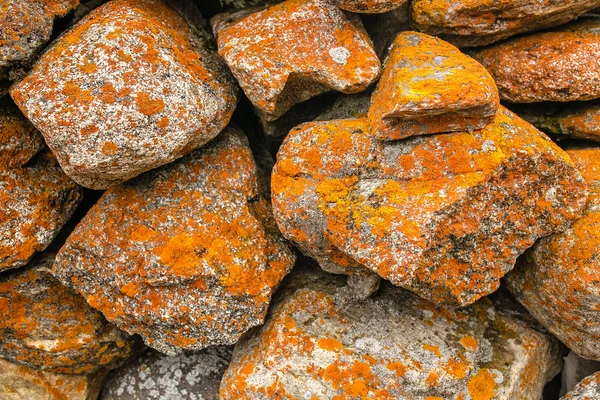 Ancient masonry with orange lichen stones