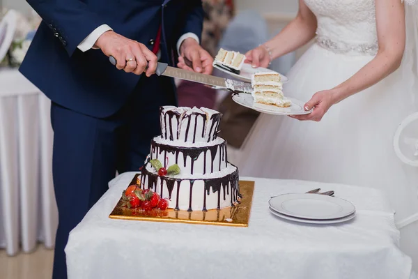 Happy elegant married couple cuting beautiful cake in a restaurant, celebrating wedding