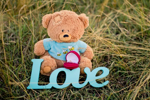 Toy bear, wedding ring and sign love on the grass
