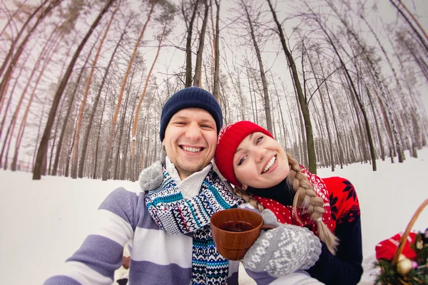 Couple in love making selfie on winter picnic at park