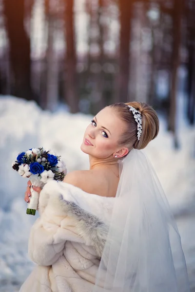 Bride posing in the winter forest in a fur coat. Wedding photo session in a snowy Park.